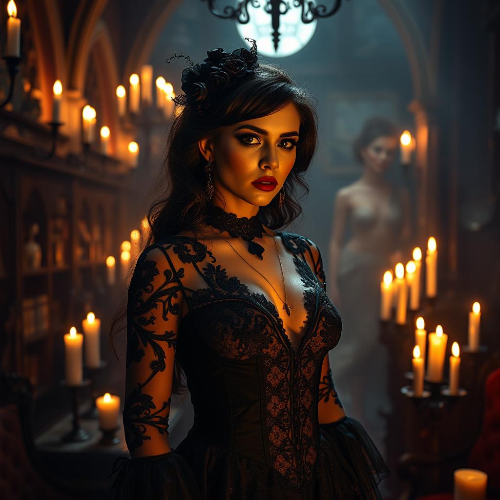 A gothic woman surrounded by a mystical, dark atmosphere, dressed in elaborate gothic fashion with intricate lace and bold colors