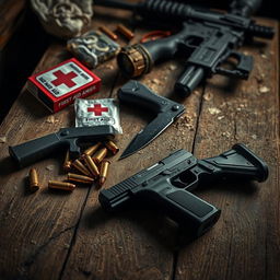 A visually striking image featuring a rustic, dusty wooden table adorned with first aid supplies, several 9mm bullet casings, a caliber 9mm handgun, a kukri knife, and an assault rifle