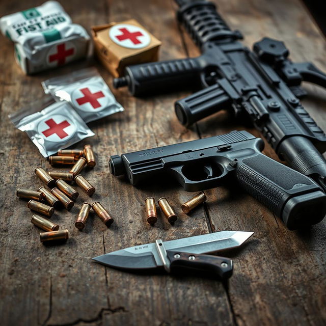 A visually striking image featuring a rustic, dusty wooden table adorned with first aid supplies, several 9mm bullet casings, a caliber 9mm handgun, a kukri knife, and an assault rifle