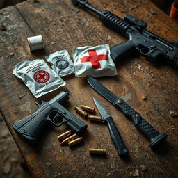 A visually striking image featuring a rustic, dusty wooden table adorned with first aid supplies, several 9mm bullet casings, a caliber 9mm handgun, a kukri knife, and an assault rifle