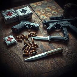 A visually striking image featuring a rustic, dusty wooden table adorned with first aid supplies, several 9mm bullet casings, a caliber 9mm handgun, a kukri knife, and an assault rifle