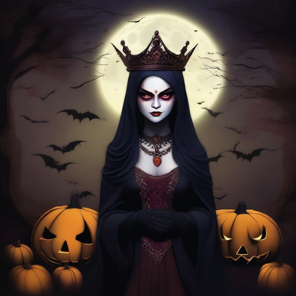 A digital art depiction of a girl, who is the queen of hell, appearing only on Halloween