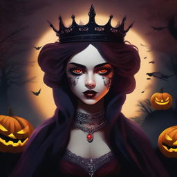 A digital art depiction of a girl, who is the queen of hell, appearing only on Halloween