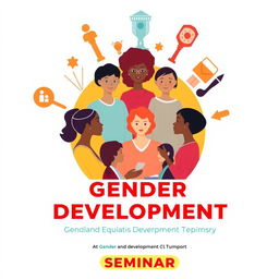 A visually engaging poster for a gender and development seminar featuring diverse individuals from different backgrounds engaging in discussions