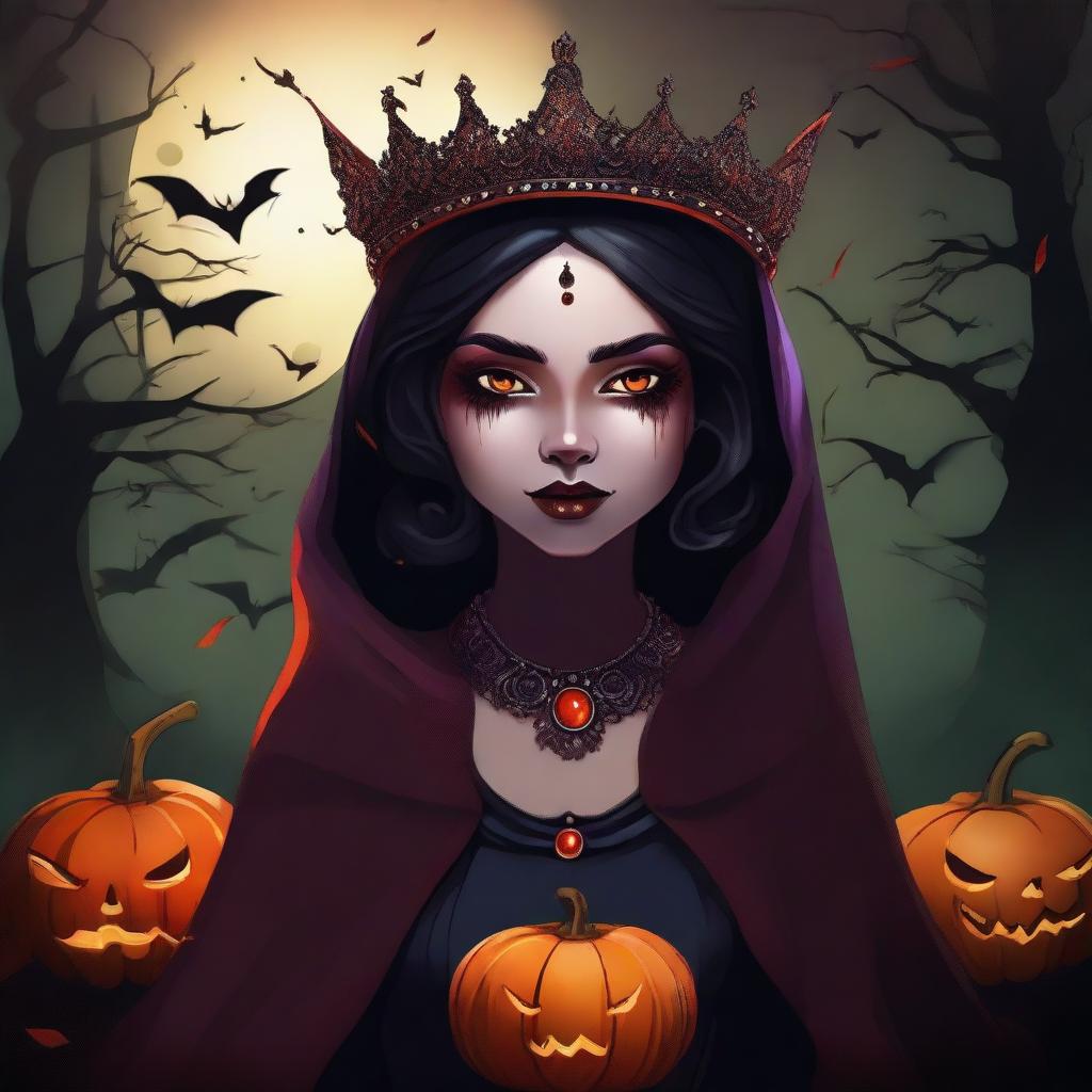 A digital art depiction of a girl, who is the queen of hell, appearing only on Halloween