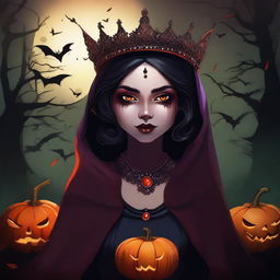 A digital art depiction of a girl, who is the queen of hell, appearing only on Halloween