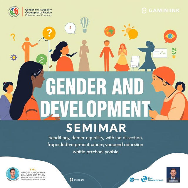 A visually engaging poster for a gender and development seminar featuring diverse individuals from different backgrounds engaging in discussions