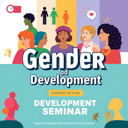 A visually engaging poster for a gender and development seminar featuring diverse individuals from different backgrounds engaging in discussions