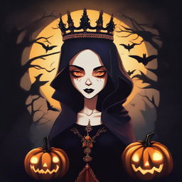 A digital art depiction of a girl, who is the queen of hell, appearing only on Halloween