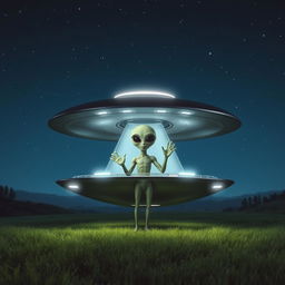 A futuristic scene featuring a sleek, metallic UFO landing on a secluded, grassy field under a starry night sky