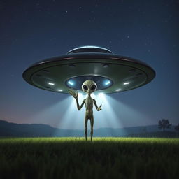 A futuristic scene featuring a sleek, metallic UFO landing on a secluded, grassy field under a starry night sky