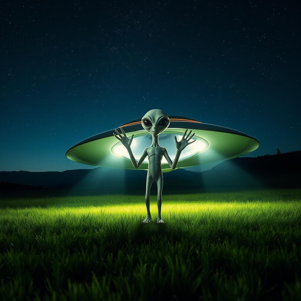 A futuristic scene featuring a sleek, metallic UFO landing on a secluded, grassy field under a starry night sky