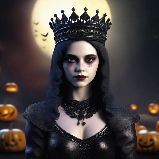 A realistic, high-quality 3D render of a girl who is the queen of hell, but only appears on Halloween