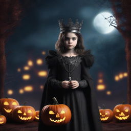 A realistic, high-quality 3D render of a girl who is the queen of hell, but only appears on Halloween