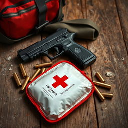 An engaging image featuring a first aid kit, a 9mm pistol, and several bullet casings displayed on a rustic, dusty wooden table