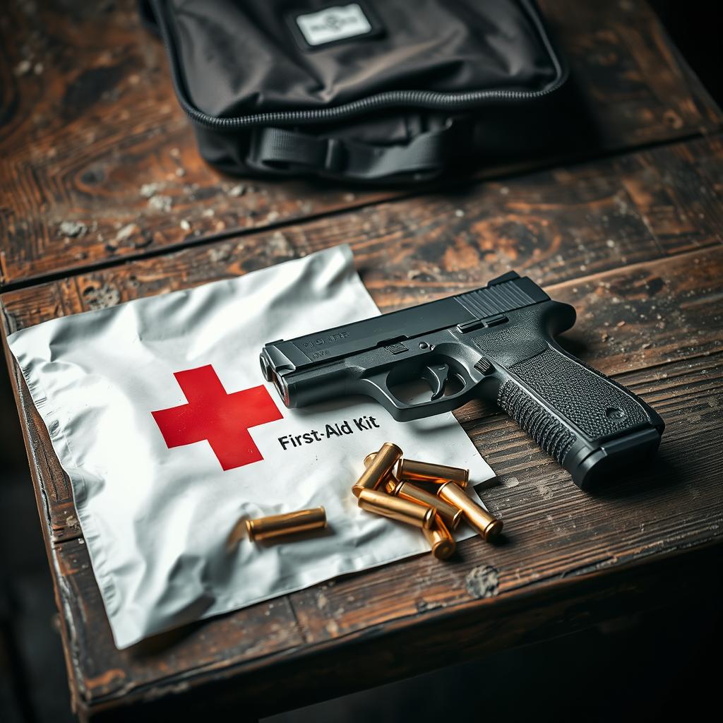 An engaging image featuring a first aid kit, a 9mm pistol, and several bullet casings displayed on a rustic, dusty wooden table