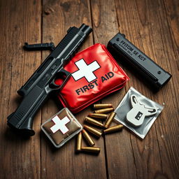 An engaging image featuring a first aid kit, a 9mm pistol, and several bullet casings displayed on a rustic, dusty wooden table