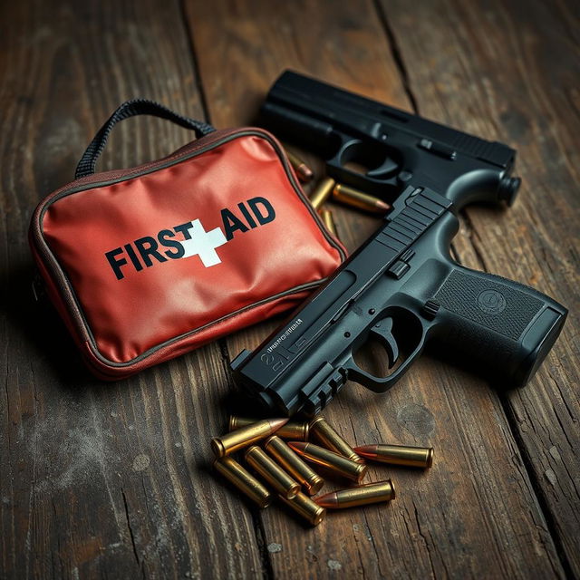 An engaging image featuring a first aid kit, a 9mm pistol, and several bullet casings displayed on a rustic, dusty wooden table