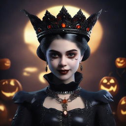 A realistic, high-quality 3D render of a girl who is the queen of hell, but only appears on Halloween