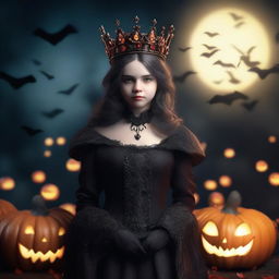 A realistic, high-quality 3D render of a girl who is the queen of hell, but only appears on Halloween