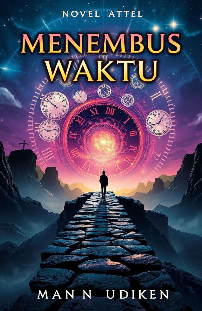 A captivating book cover for a novel titled 'Menembus Waktu'