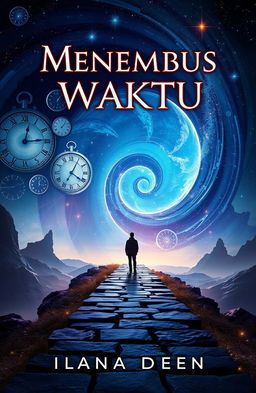 A captivating book cover for a novel titled 'Menembus Waktu'