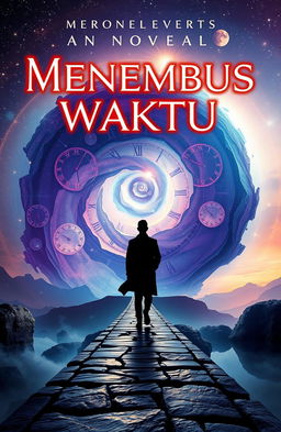 A captivating book cover for a novel titled 'Menembus Waktu'