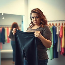 A frustrated plus-size woman standing in a bright and modern dressing room