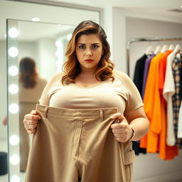 A frustrated plus-size woman standing in a bright and modern dressing room