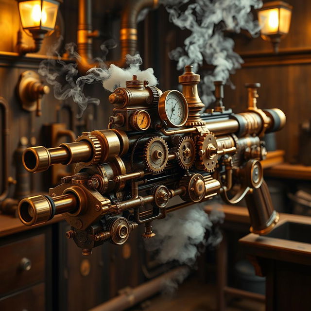 A detailed steampunk-style gatling minigun, featuring intricate brass gears, glowing pressure gauges, and ornate embellishments