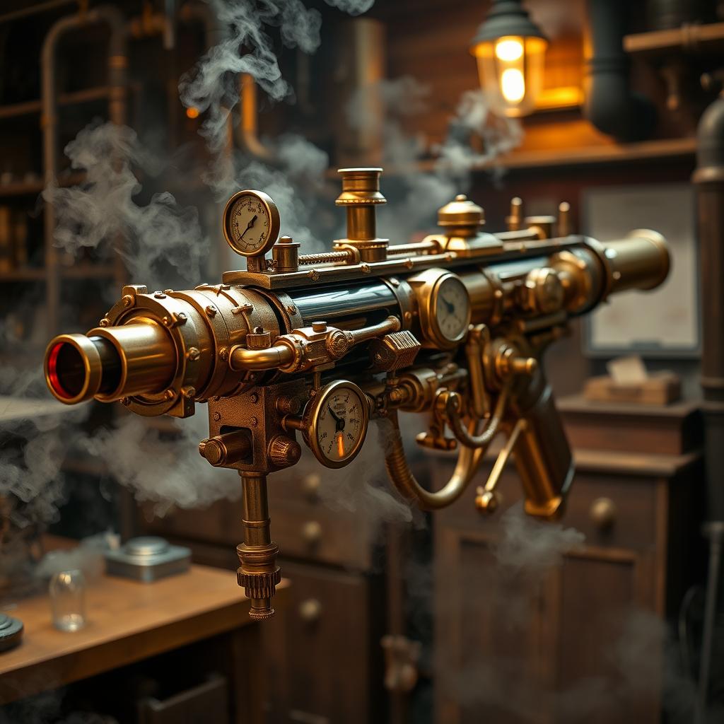 A detailed steampunk-style gatling minigun, featuring intricate brass gears, glowing pressure gauges, and ornate embellishments