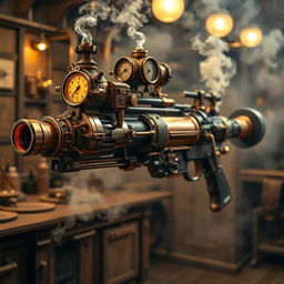 A detailed steampunk-style gatling minigun, featuring intricate brass gears, glowing pressure gauges, and ornate embellishments