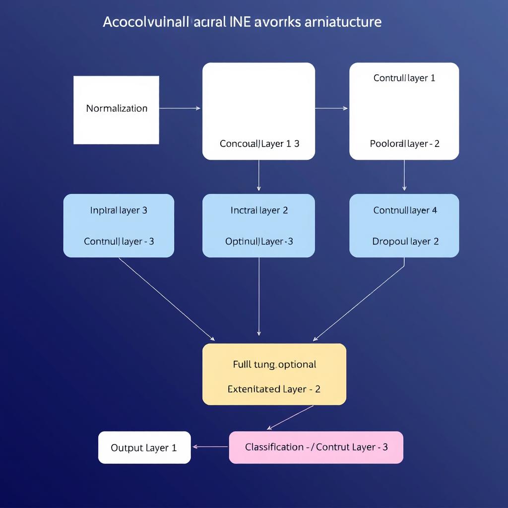 a detailed diagram of a convolutional neural network architecture, showcasing each layer in the format of a flowchart, starting with an input image leading to normalization, then through several layers of convolution (Conv Layer 1, 2, and 3), each followed by ReLU activation