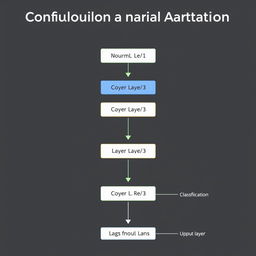 a detailed diagram of a convolutional neural network architecture, showcasing each layer in the format of a flowchart, starting with an input image leading to normalization, then through several layers of convolution (Conv Layer 1, 2, and 3), each followed by ReLU activation