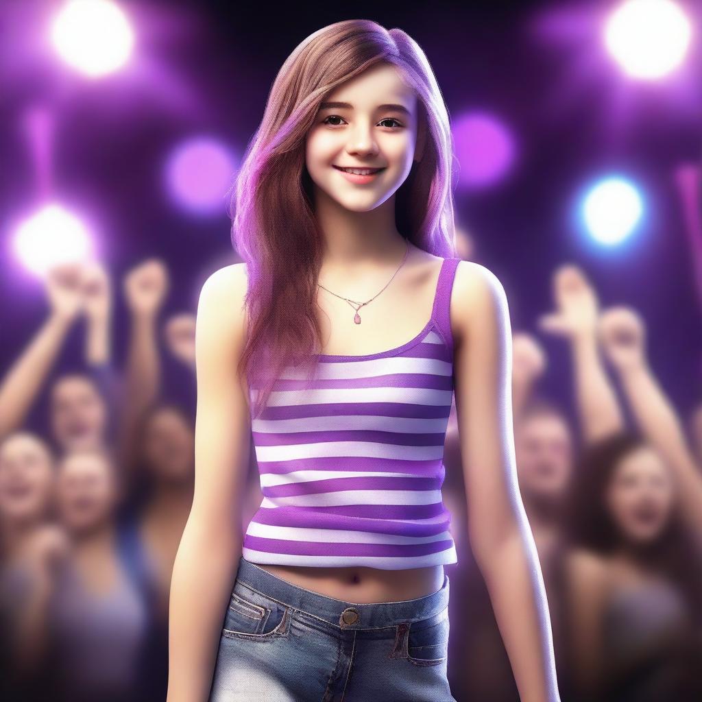 A realistic, high-quality 3D render of a 14-year-old girl, who is a famous singer