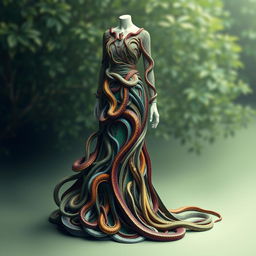 A stunning long flowing dress designed entirely out of intricately intertwined snakes, showcasing their scales in vibrant colors and patterns