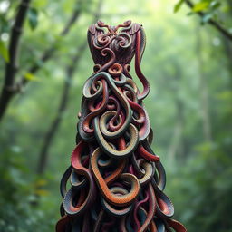 A stunning long flowing dress designed entirely out of intricately intertwined snakes, showcasing their scales in vibrant colors and patterns