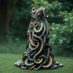 A stunning long flowing dress designed entirely out of intricately intertwined snakes, showcasing their scales in vibrant colors and patterns