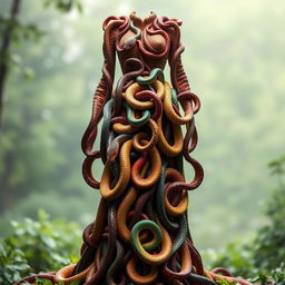 A stunning long flowing dress designed entirely out of intricately intertwined snakes, showcasing their scales in vibrant colors and patterns