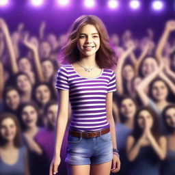 A realistic, high-quality 3D render of a 14-year-old girl, who is a famous singer