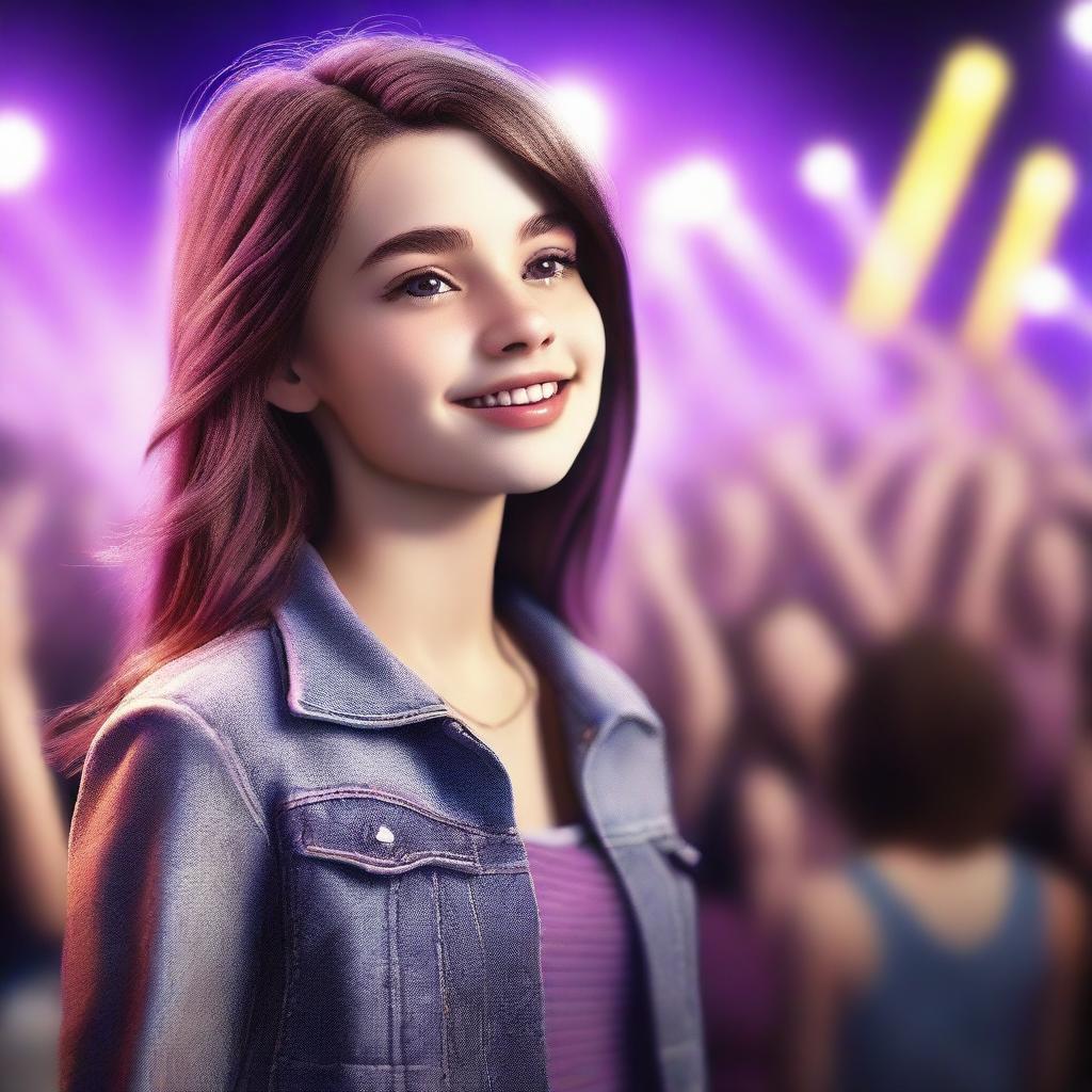 A realistic, high-quality 3D render of a 14-year-old girl, who is a famous singer