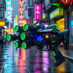A futuristic Gatling minigun with a striking cyberpunk style, featuring a robust design characterized by sleek, angular shapes and intricate mechanical details