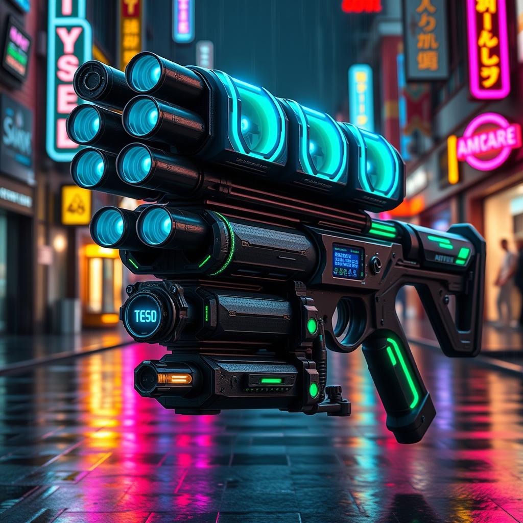 A futuristic Gatling minigun with a striking cyberpunk style, featuring a robust design characterized by sleek, angular shapes and intricate mechanical details