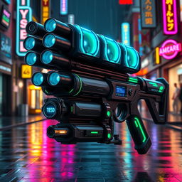 A futuristic Gatling minigun with a striking cyberpunk style, featuring a robust design characterized by sleek, angular shapes and intricate mechanical details