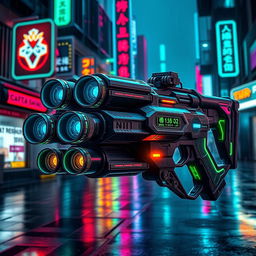 A futuristic Gatling minigun with a striking cyberpunk style, featuring a robust design characterized by sleek, angular shapes and intricate mechanical details