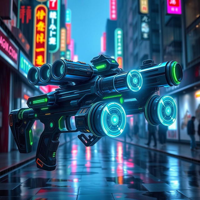 A futuristic Gatling minigun with a striking cyberpunk style, featuring a robust design characterized by sleek, angular shapes and intricate mechanical details