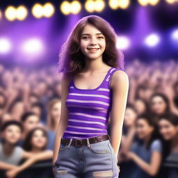 A realistic, high-quality 3D render of a 14-year-old girl, who is a famous singer