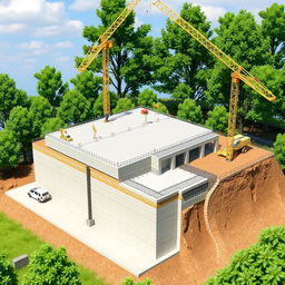 A highly detailed 3D construction model of a modern foundation design, showcasing various types of foundations such as slab, pier, and raft foundations
