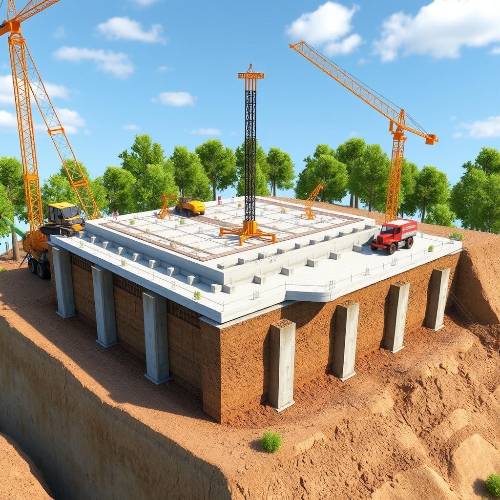 A highly detailed 3D construction model of a modern foundation design, showcasing various types of foundations such as slab, pier, and raft foundations