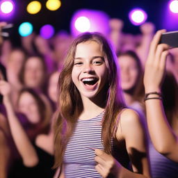 A high-quality photograph capturing a realistic 14-year-old girl, a famous singer, with shoulder-length brown hair highlighted by a purple stripe